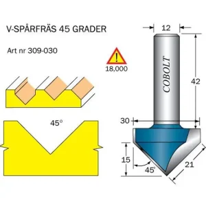 Cobolt V-spårfräs 45grad, D=30, L=15 S=12mm risnedsättning
