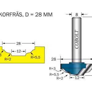 Cobolt Dekorfräs D=28 R1=3 R2=5.5 R3=2 L=10 S=8 I lager