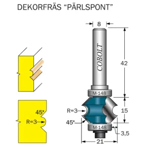 Cobolt Pärlspont Dekorfräs R=3 45° L=15 D=21 S=8 Endast idag