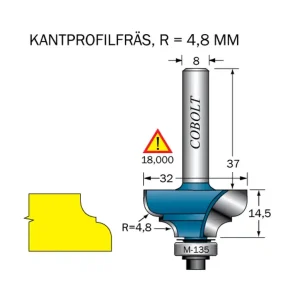 Cobolt Kantprofilfräs R=4.8 L=14.5 F=9.5 D=32 S=8 Lägg i varukorgen
