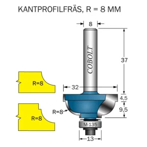 Snabb frakt Cobolt Kantprofilfräs CAVETTO R=8 L=14 F=9.5 D=32 S=8