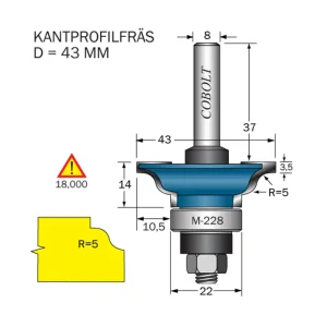 Rabatt Cobolt Kantprofilfräs R=5 D=43 L=14 F=10.5 S=8