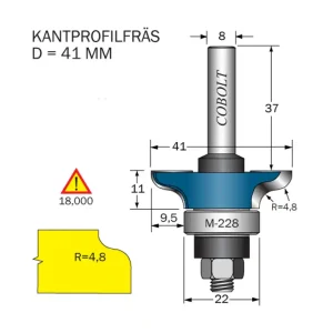 Cobolt Kantprofilfräs R=4.8 D=41 L=11 F=9.5 S=8 I lager