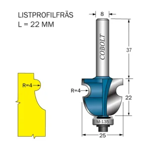 Handla nu Cobolt Listprofilfräs D=25 L=22 R=4 S=8