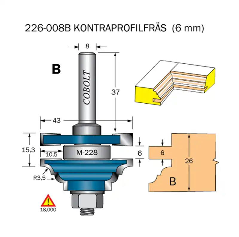 Cobolt Kontraprofilfräs B skåplucka R=3.5 D=43 Not=6 S=8 Lågt pris