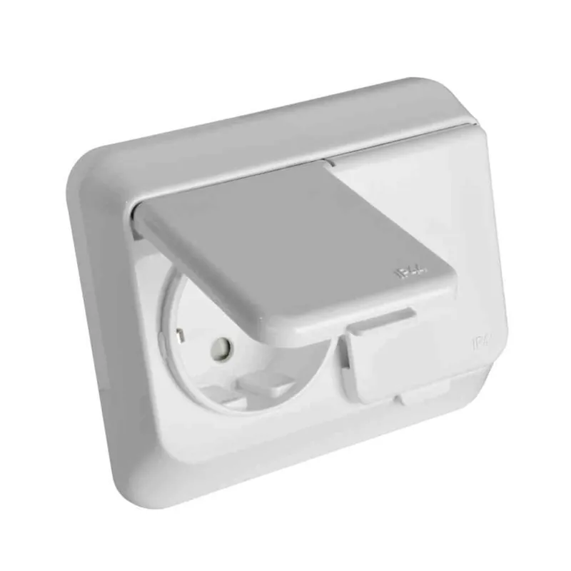 Utförsäljning Vägguttag Infällt Jordat 2-Vägs Med Lock IP44 16A Exxact Vit Schneider Electric