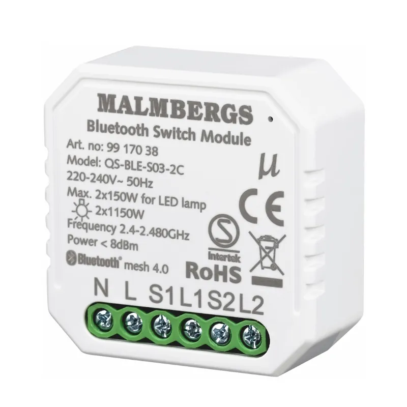 I lager Bluetooth Smart Modul På/Av 2-Kanal, 230V, LED, Malmbergs 9917038